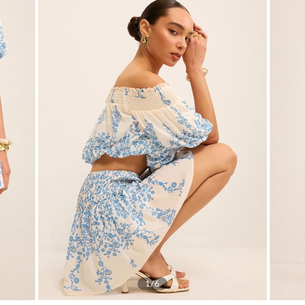 Commense Floral Off-Shoulder Crop Top and Cinching Skirt Set